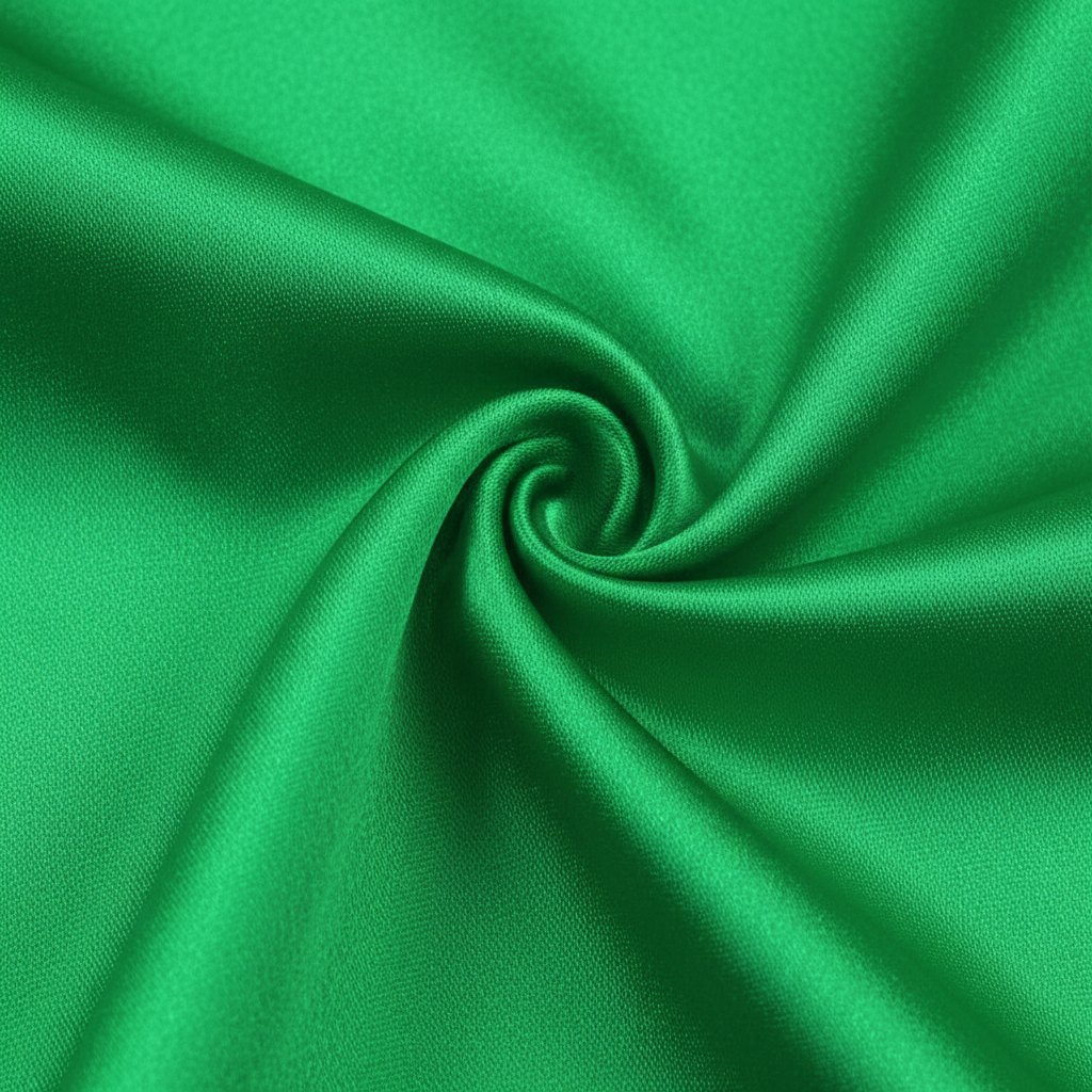 Close up detail of Kelly green satin polyester wild rag fabric showing smooth silk-like texture and sheen