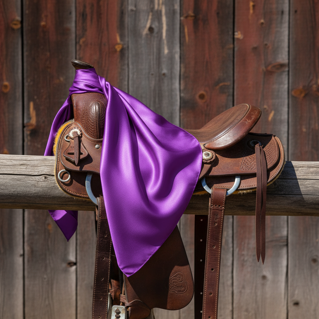 Purple wild rag scarf draped over western saddle on wooden fence, rustic ranch setting