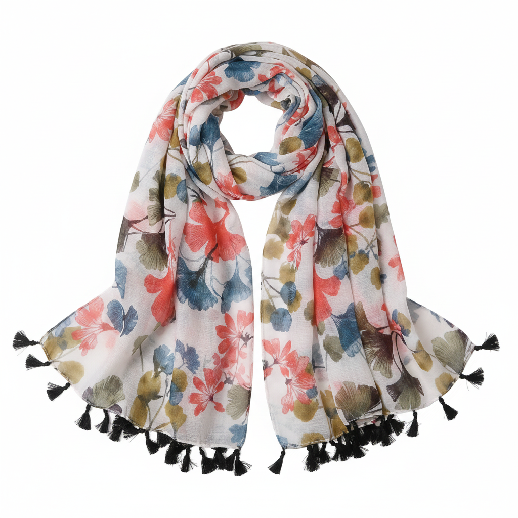 Ginkgo leaf scarf on white background, 34x70 inches, coral pink blue olive green botanical print, lightweight gauze with tassels