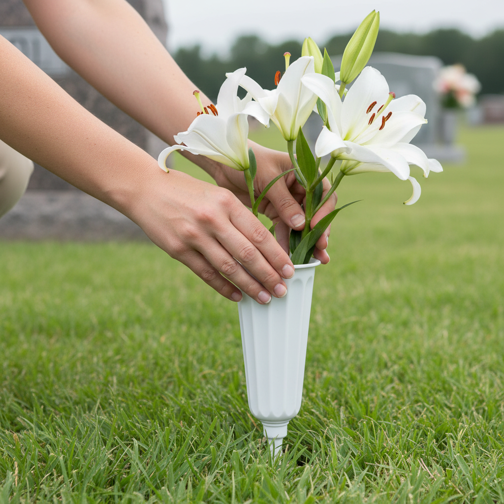 Hands placing fresh white lilies into white cemetery vase at gravesite memorial