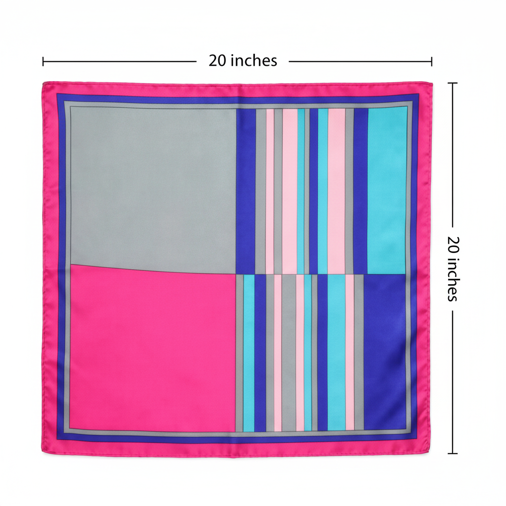 Pink stripe satin scarf measurement diagram showing 20x20 inch square dimensions