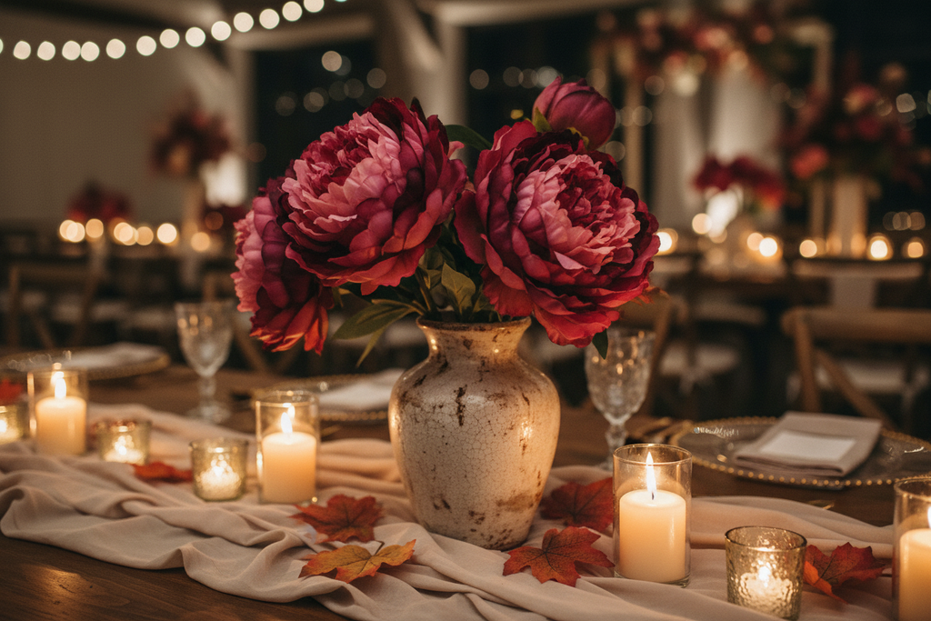 Fall wedding reception centerpiece featuring rose pink peony stems with burgundy tips in vintage vase with candles