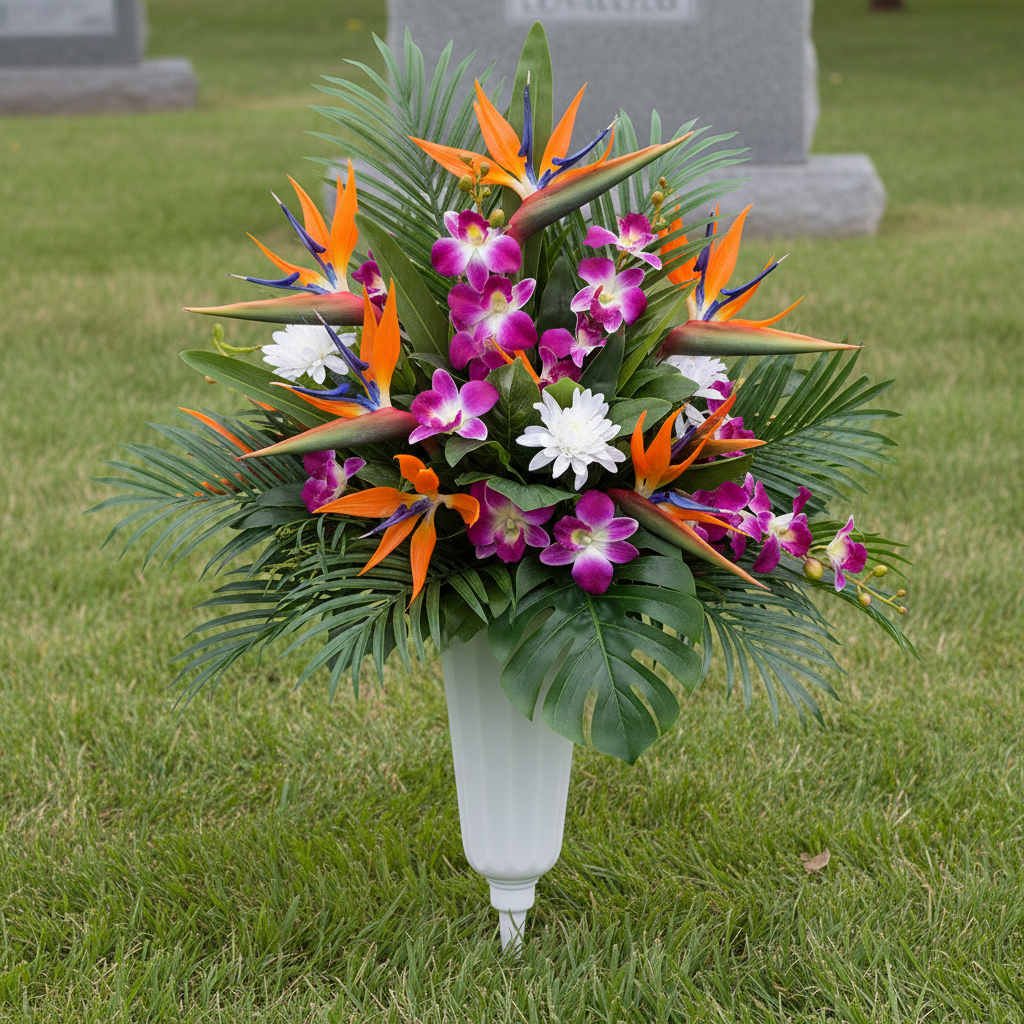 White cemetery vase with vibrant tropical silk flowers at gravesite