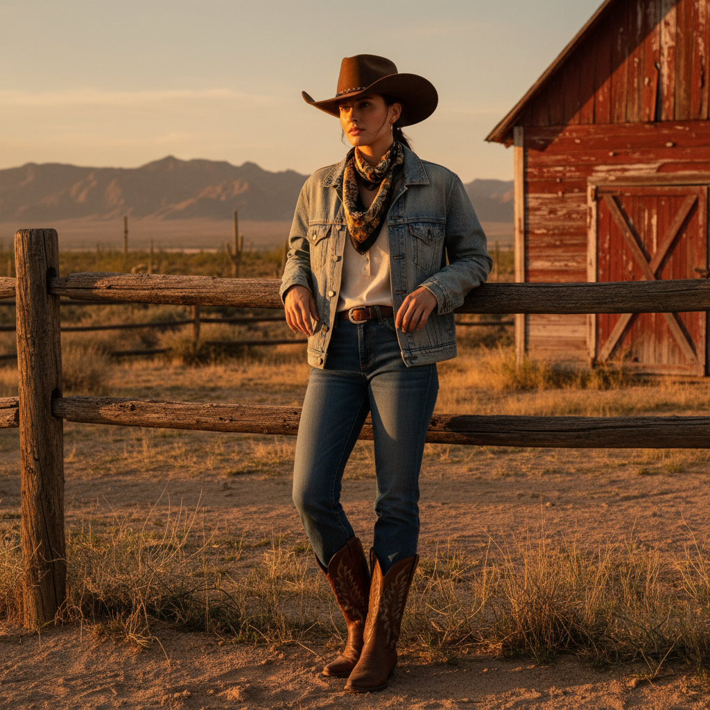 Woman wearing black, gold, and sage green paisley floral satin square scarf as a neck scarf with cowboy hat and denim jacket – Western Chic style
