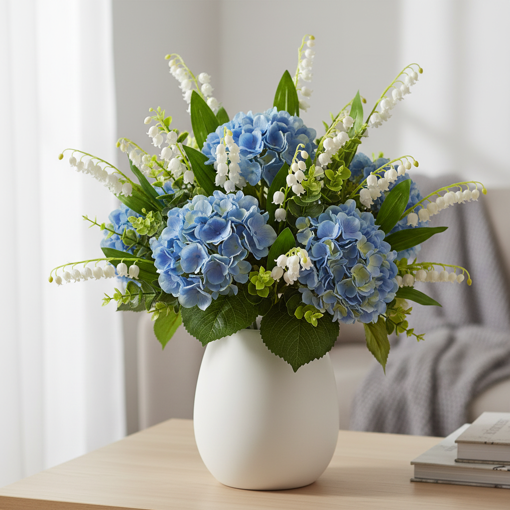 Artificial white lily of the valley flowers mixed with blue hydrangeas in white ceramic vase home decor
