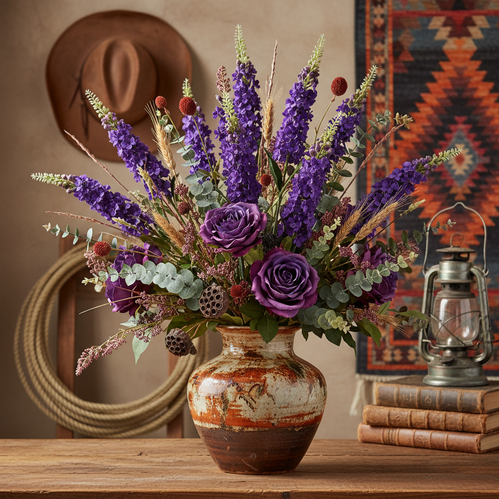 Rich purple snapdragon larkspur spike stems in a textured vase with western props including cowboy hat, rope, and lantern