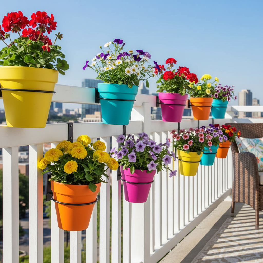 Balcony plant display with flower pots on wall holder rings