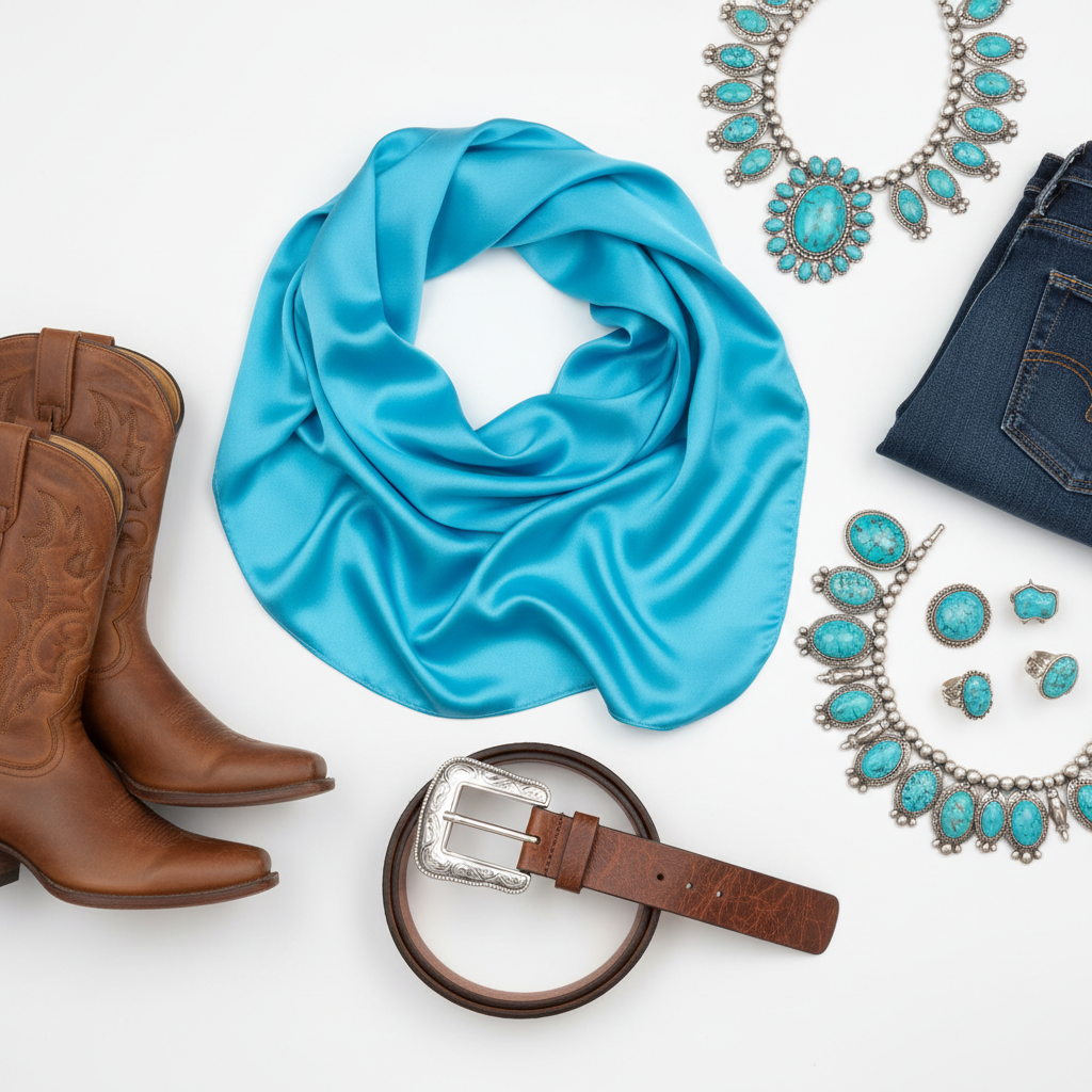 Flat lay aqua blue wild rag with cowboy boots belt denim western accessories
