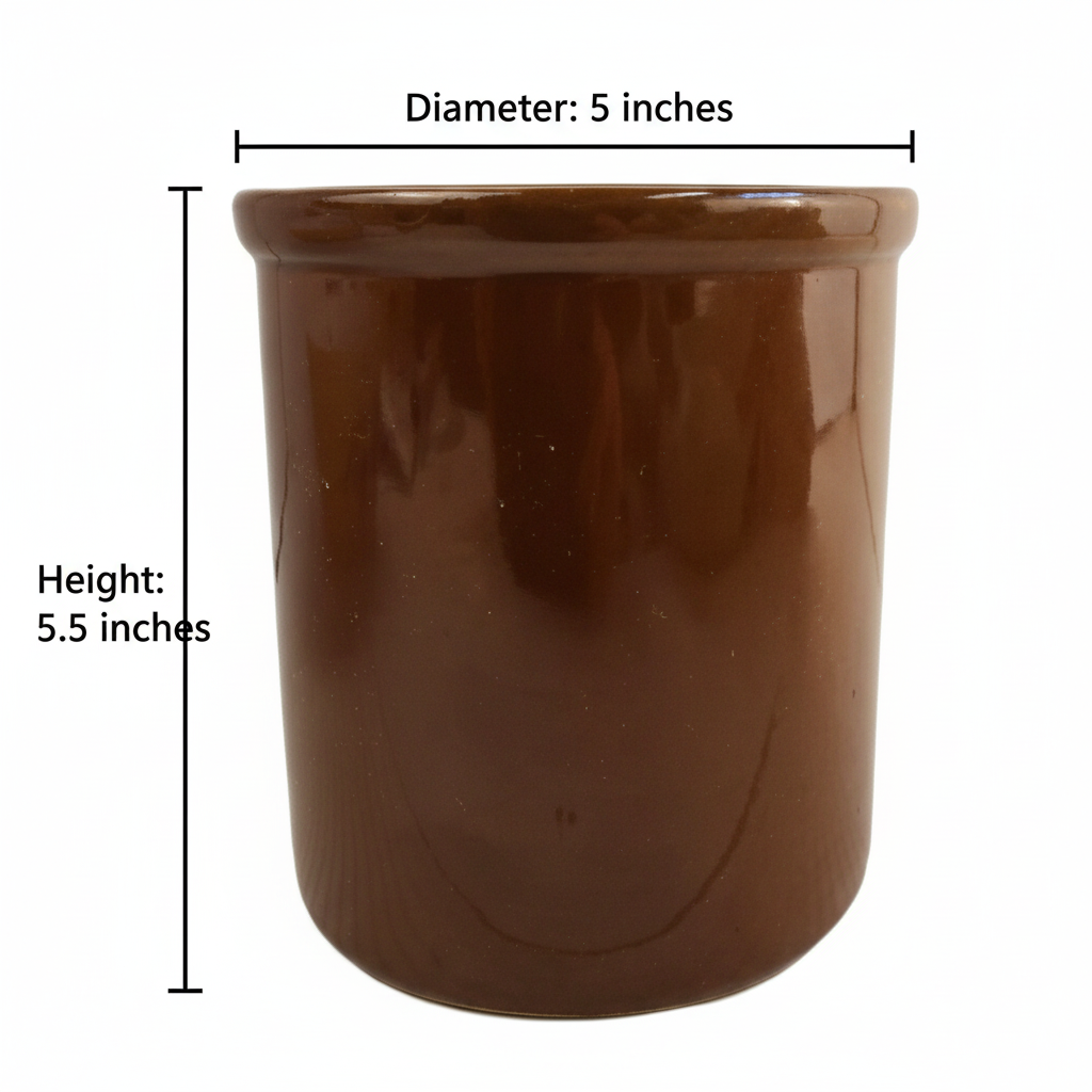 Vintage Hall brown crock measurement diagram showing height 5.5 inches and diameter 5 inches