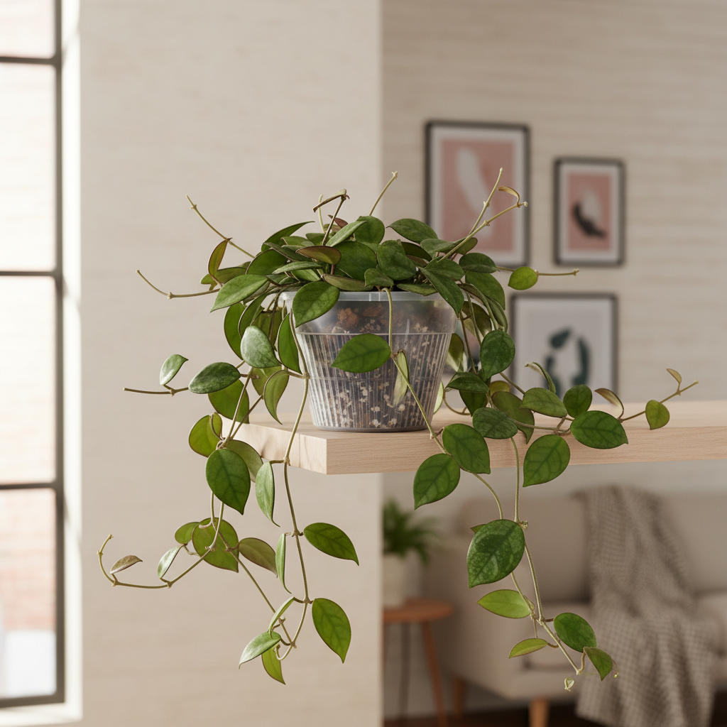 Clear 5 inch slotted orchid pot with open ventilation slits holding a trailing hoya plant on a wooden living room shelf