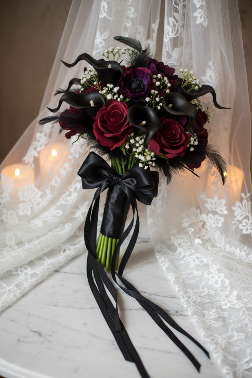 Gothic Halloween wedding bridal bouquet with black calla lily stems, burgundy roses, dark purple anemones, black feathers, and satin ribbon on white lace veil