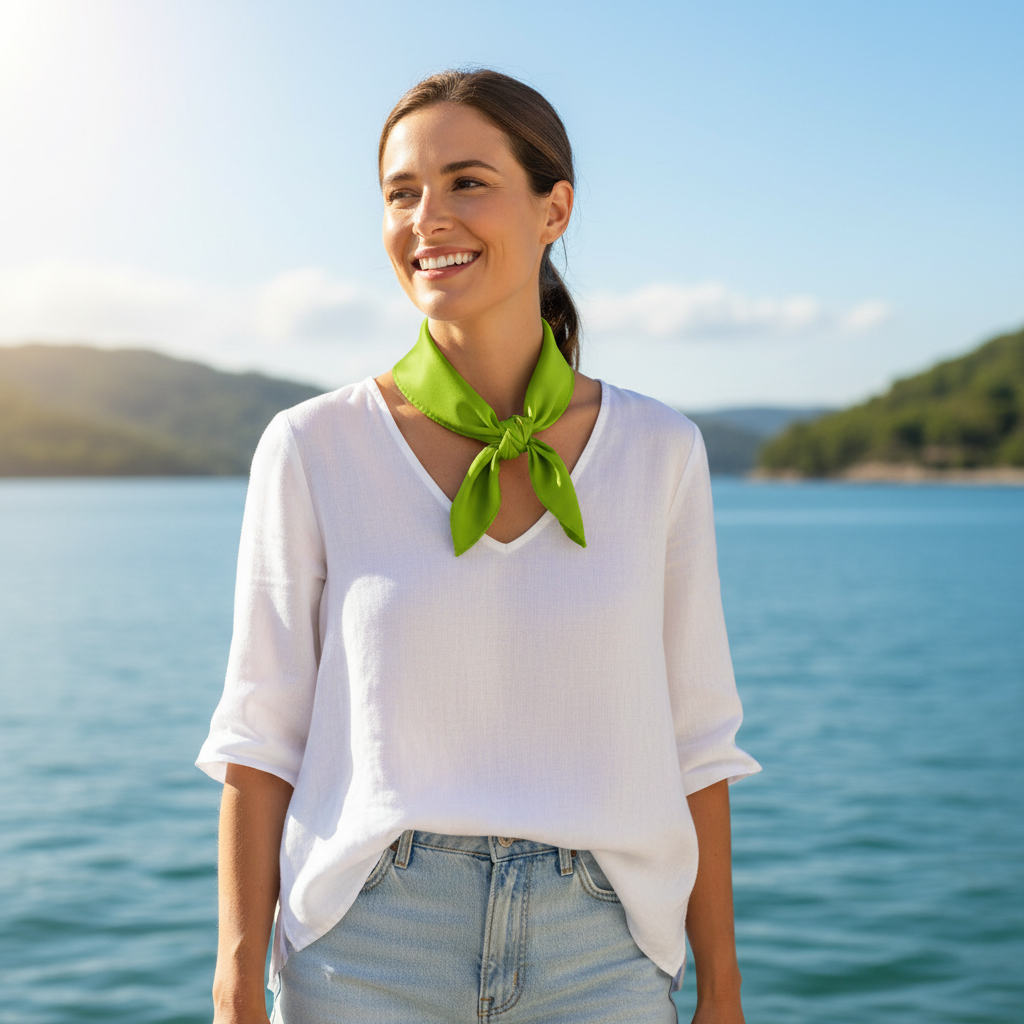 Woman wearing lime green wild rag scarf as head scarf at summer beach lakeside vacation