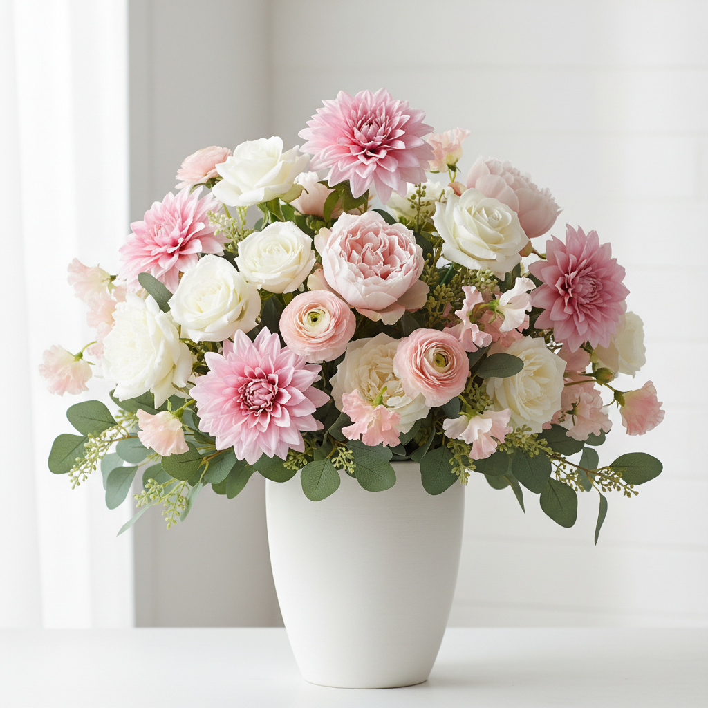 Soft pink dahlia stems mixed with white garden roses, blush peonies, peach sweet peas and eucalyptus in white ceramic vase