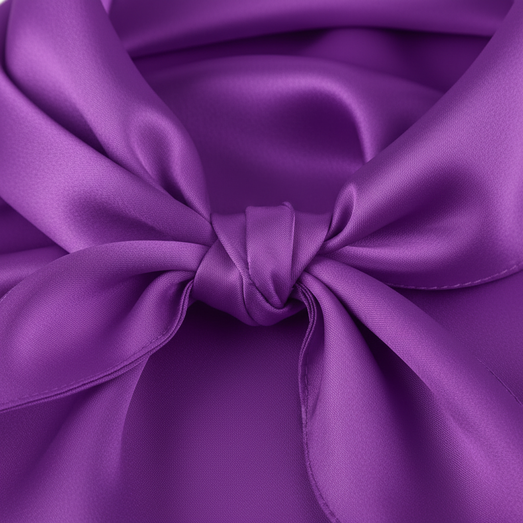 Close-up detail of violet purple satin wild rag fabric showing silk-like sheen