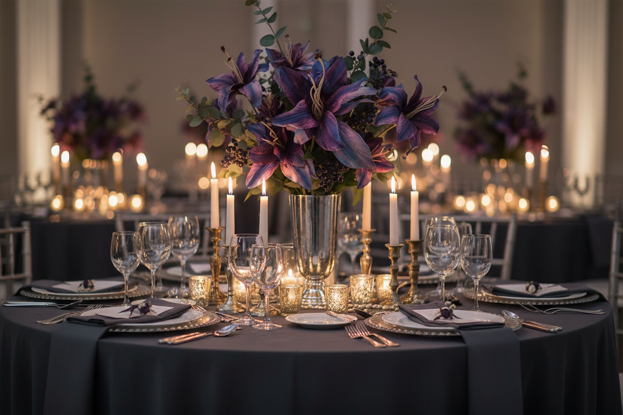 Purple blue tiger lily stems as wedding centerpiece on elegant table with dark linens, romantic upscale wedding decor