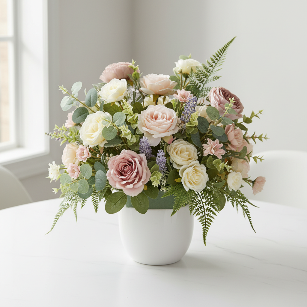 Finished artificial flower arrangement with faux roses and silk blooms in a white ceramic vase supported by a green dry floral foam brick