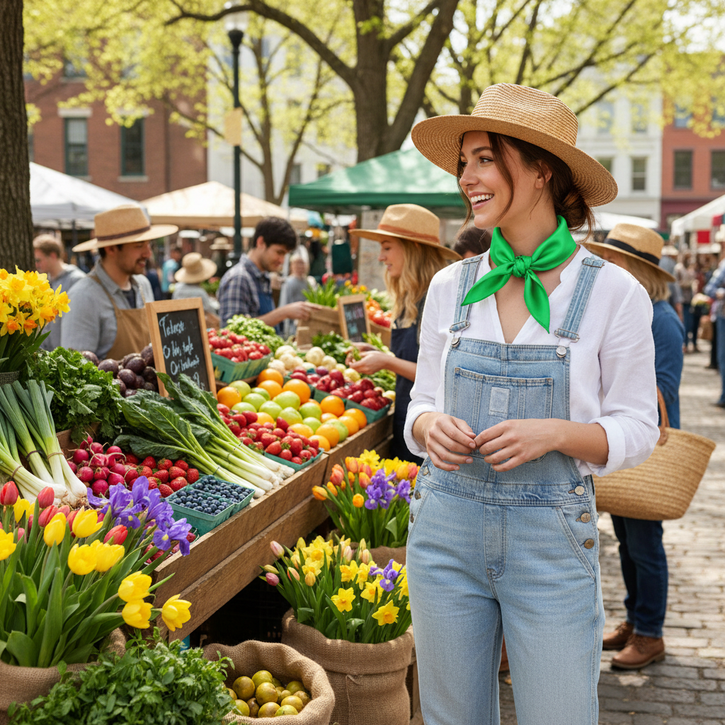 Kelly green wild rag scarf styled at spring farmers market with casual outfit and fresh produce