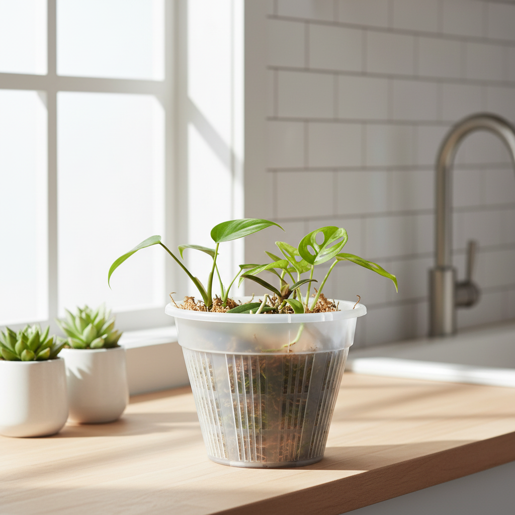 Clear 7 inch slotted orchid pot with open air slits used in a propagation station on a bright kitchen windowsill