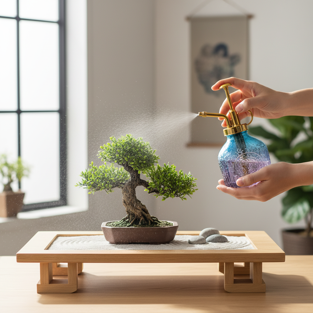 Hands misting delicate bonsai tree with blue purple gradient glass plant mister on minimalist wooden display table with zen garden