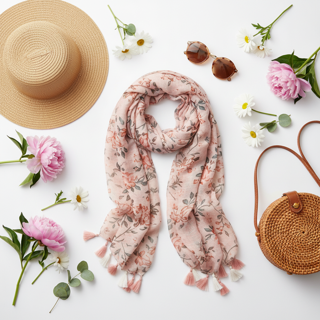 Flat lay of blush pink floral tassel scarf with boho accessories including straw hat, sunglasses, and woven bag