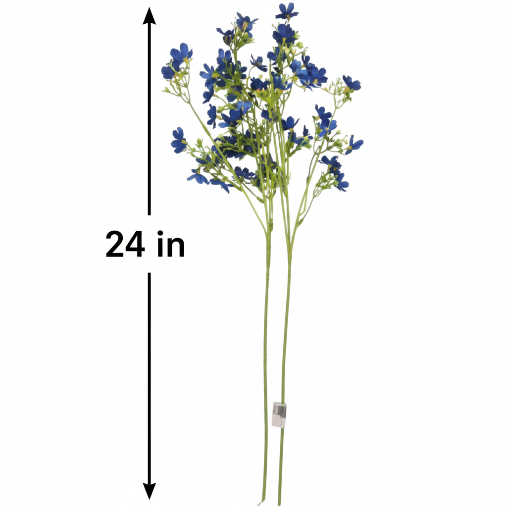 Artificial cobalt blue dogwood stems measurement diagram showing 24 inch height for 2 piece faux wax flower bold decor set