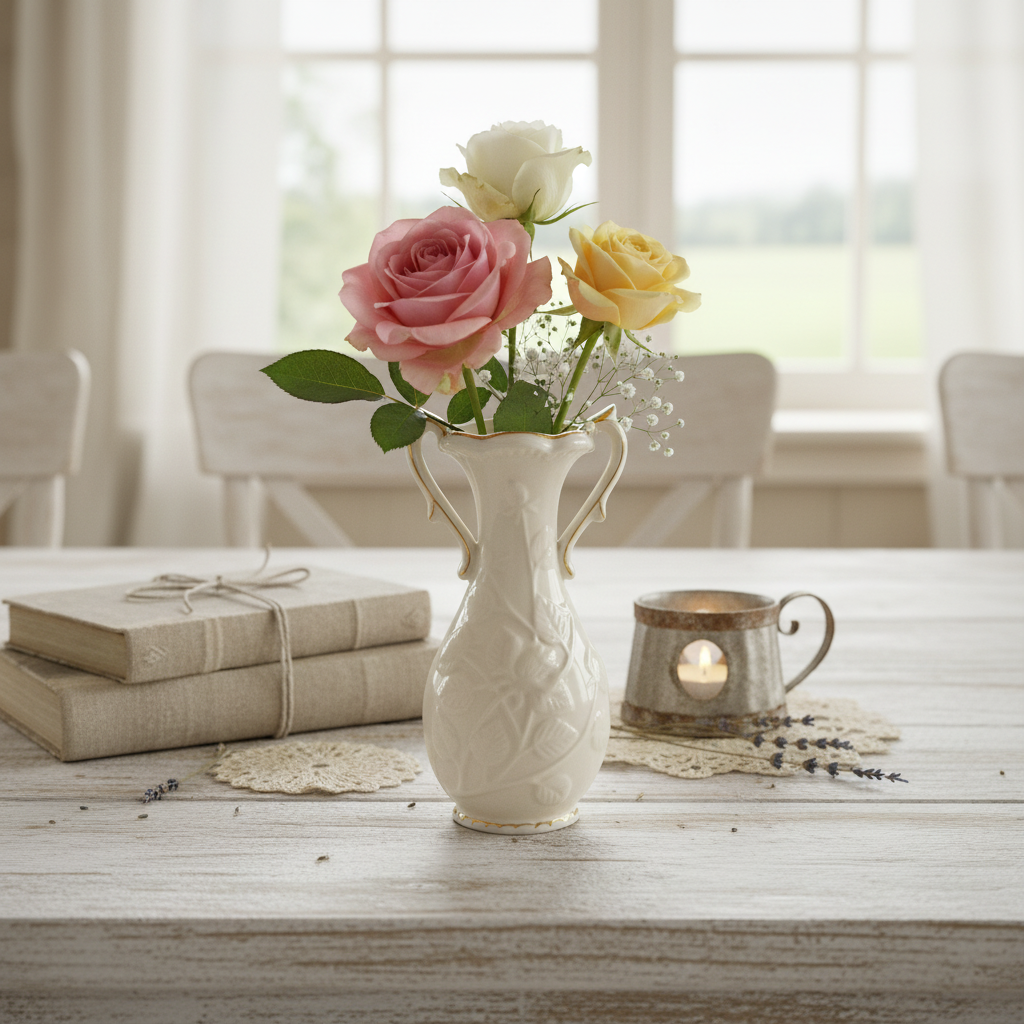 Small 8-inch vintage white ceramic vase on cottage farmhouse dining table with 3-4 roses, shabby chic decor