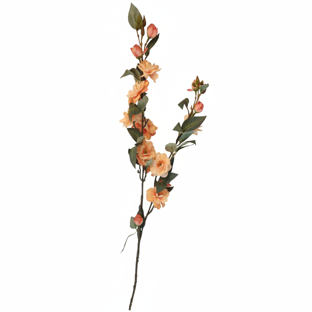 Artificial peach blossom stem 33 inch with soft apricot peach ruffled blooms and pink buds on dark branching stem with green leaves, white background