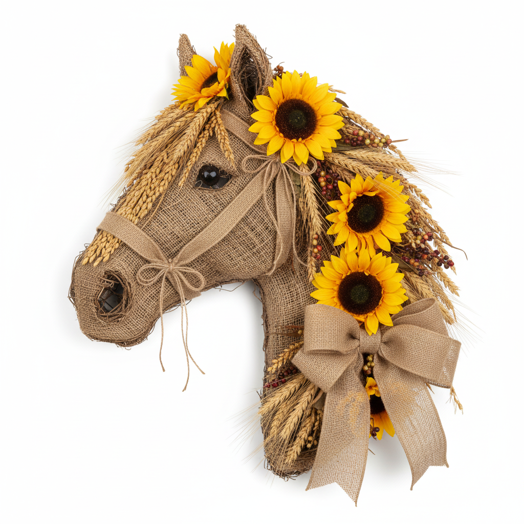 Rustic autumn horse head wreath with sunflowers burlap ribbon wheat stalks western farmhouse decor