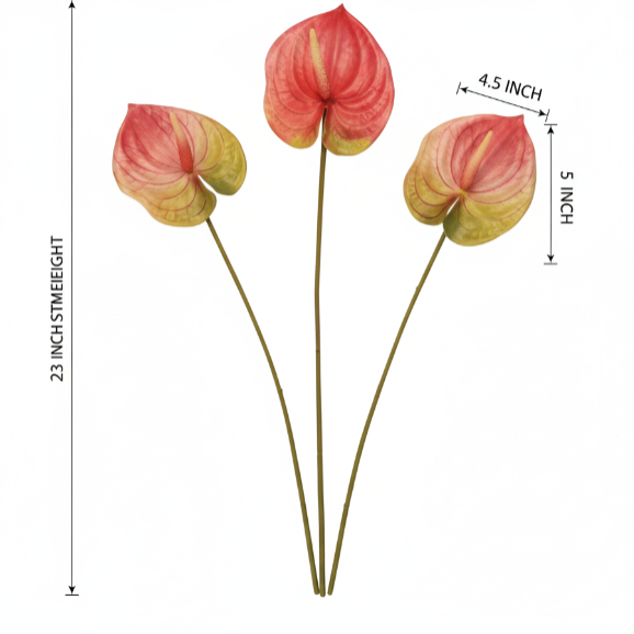 Pink Green Artificial Anthurium Stems Set of 3, 23 Inch Faux Tropical Home Decor