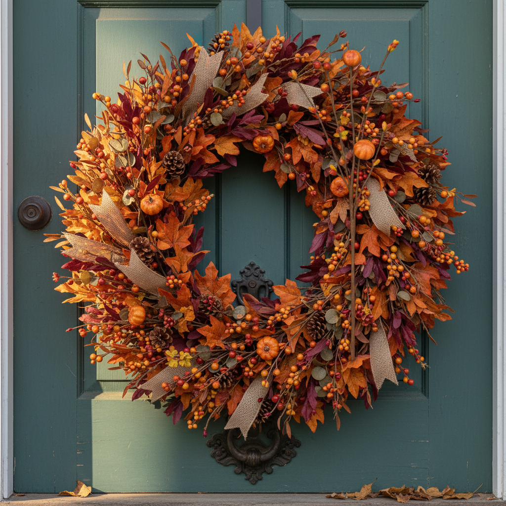Faux pumpkin and berry stems tucked into autumn wreath with orange florals on rustic front door - fall seasonal decor