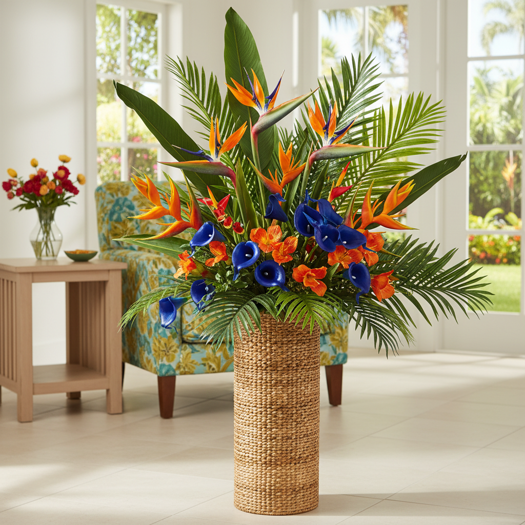 Cobalt blue calla lily artificial flowers in tropical arrangement with bird of paradise and palm leaves