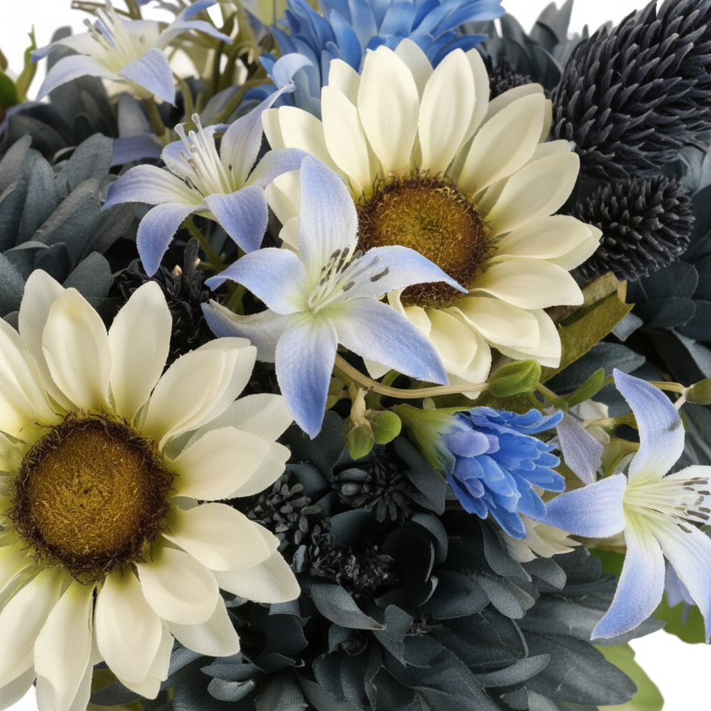 Close Up Blue Mum White Sunflower Artificial Silk Flower Petal Detail Faux Floral Bundle
