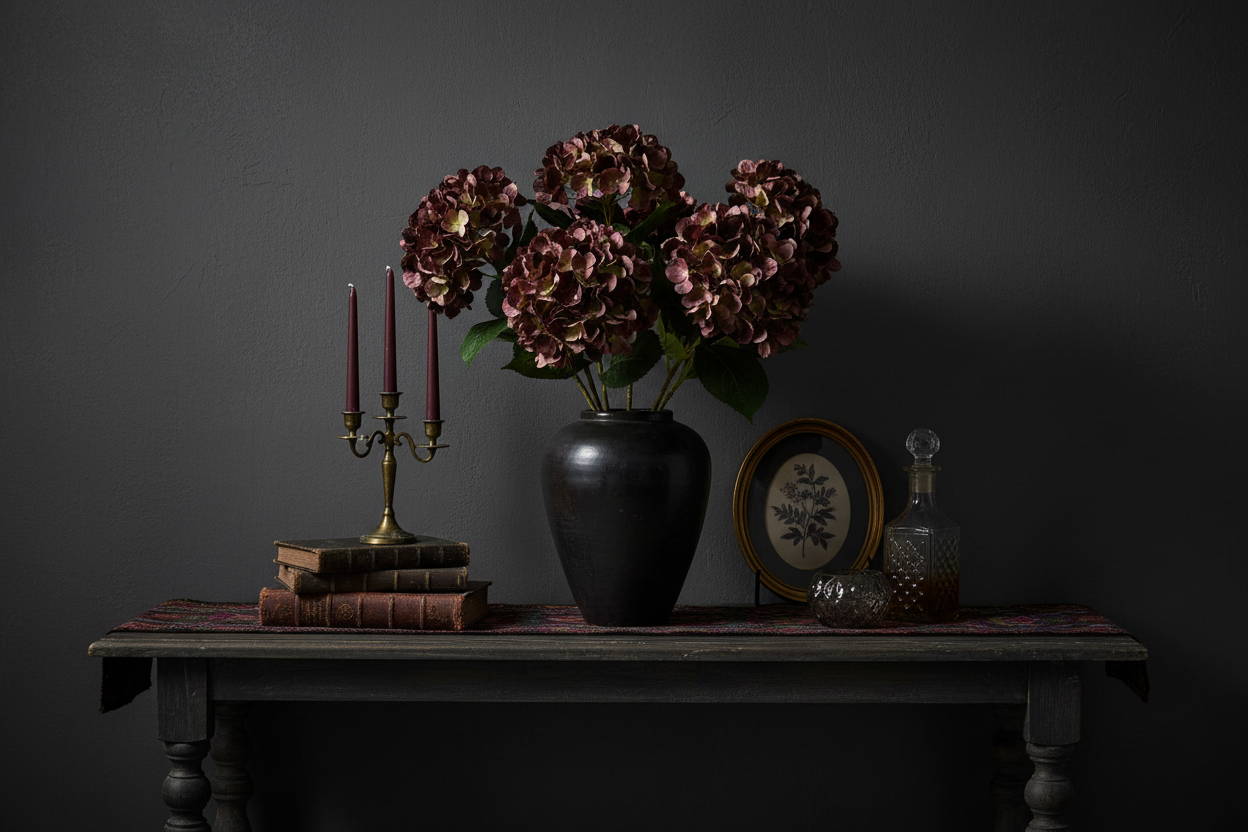 Moody boho console table styled with plum mauve hydrangea arrangement and vintage decor in dark romantic palette