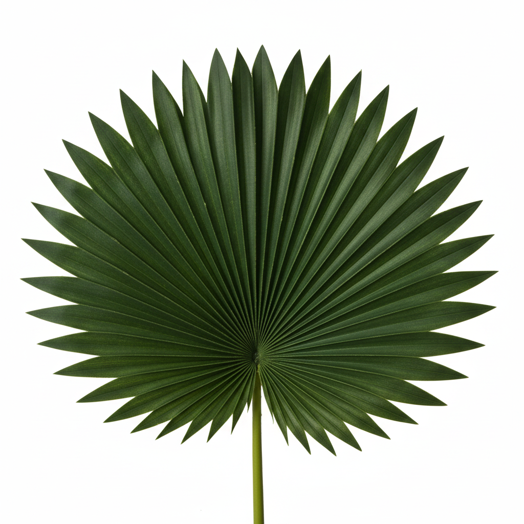 Close-up macro detail of artificial fan palm leaf showing realistic pleated texture and deep green color
