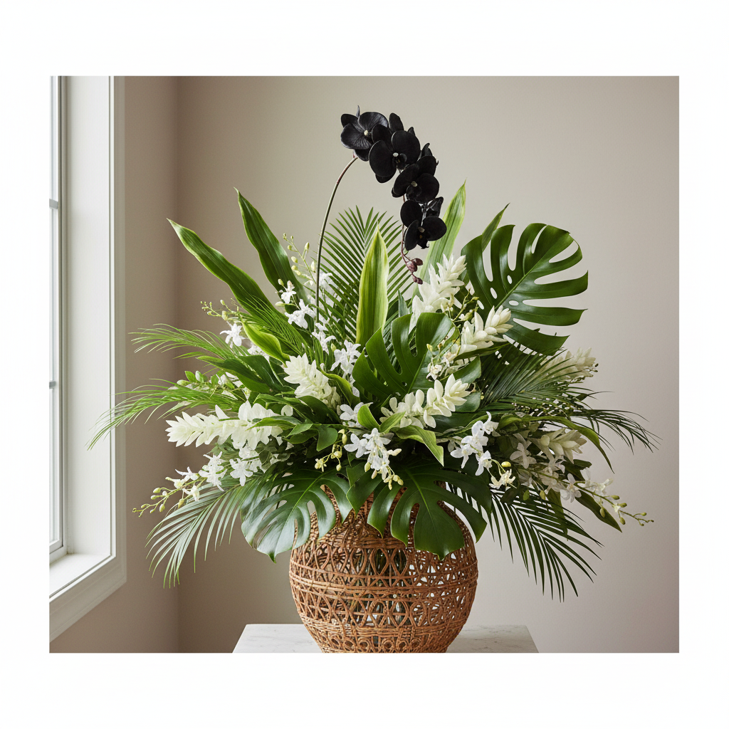 Black orchid stem tropical arrangement with monstera leaves and greenery in woven rattan vase