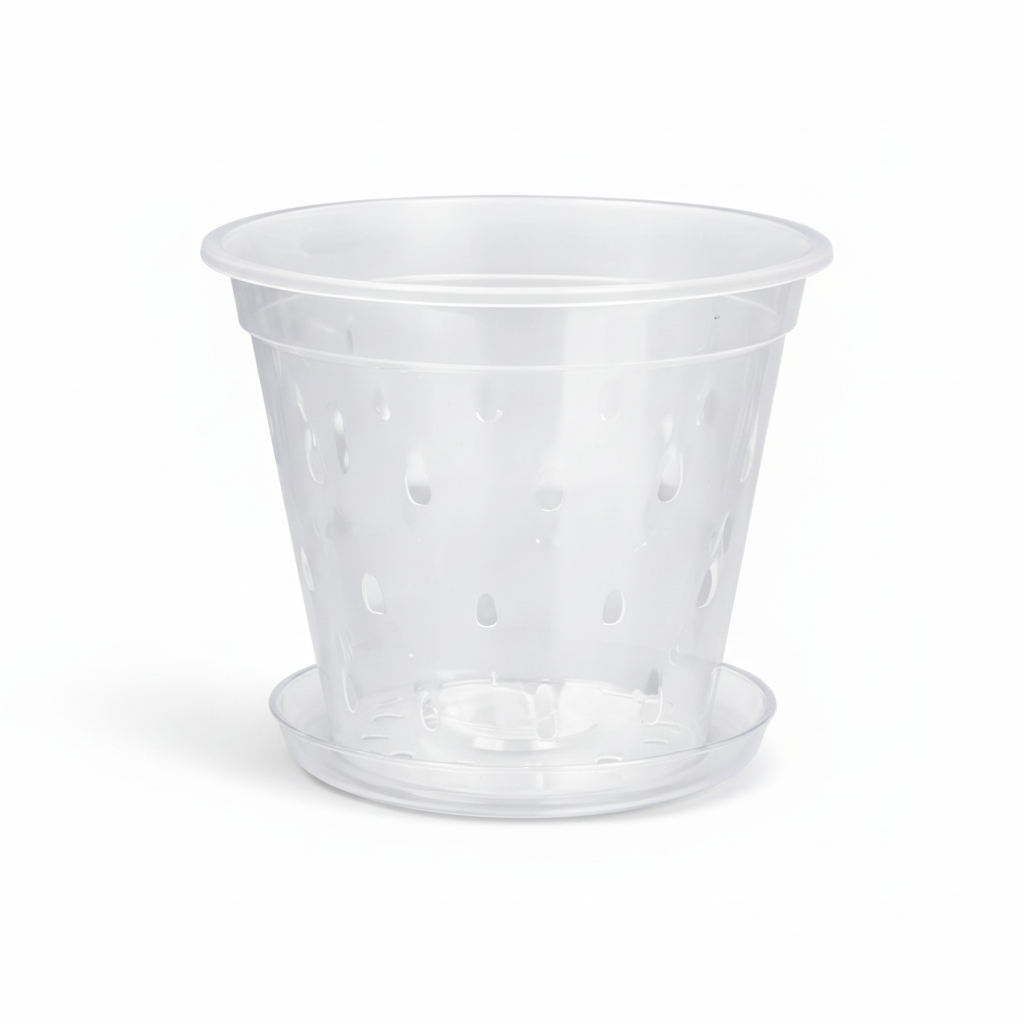 Close-up of slotted ventilation holes and drainage design on clear orchid pot