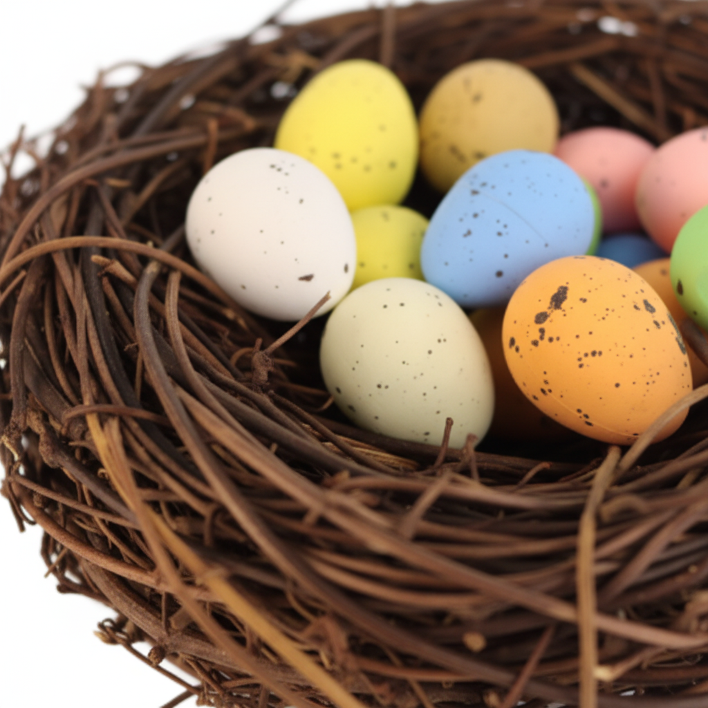Close-up detail of rustic twig nest showing natural texture and colorful speckled pastel eggs
