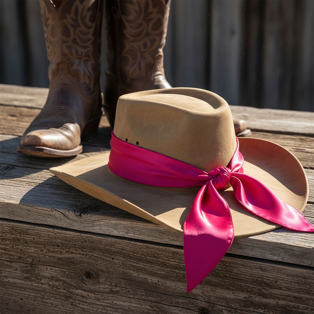 Hot pink wild rag scarf as hat band accessory with cowboy hat bold styling