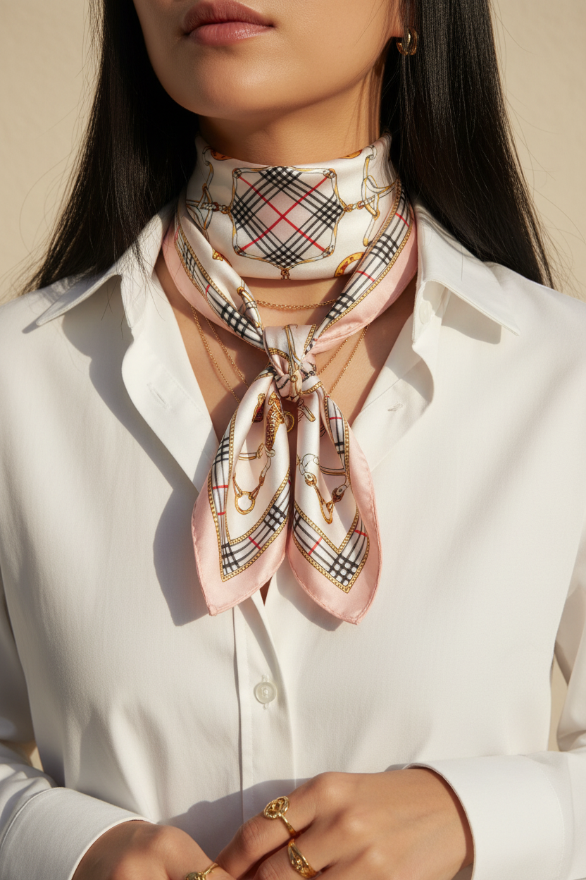 Woman with long black hair wearing blush pink equestrian satin square scarf draped as jewelry neck wrap no bow white button-down shirt gold layered necklaces and rings 20x20
