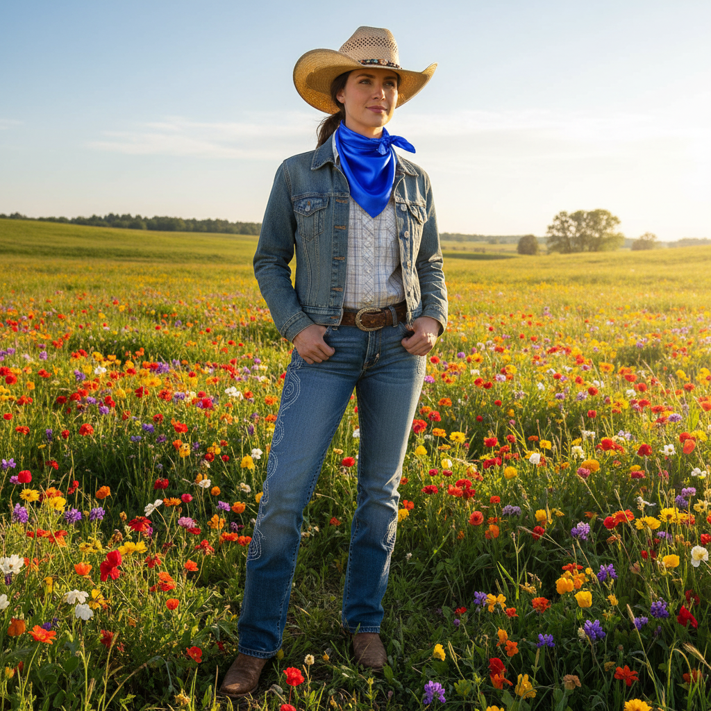 Woman in royal blue wild rag scarf in spring wildflower meadow - cowgirl spring fashion
