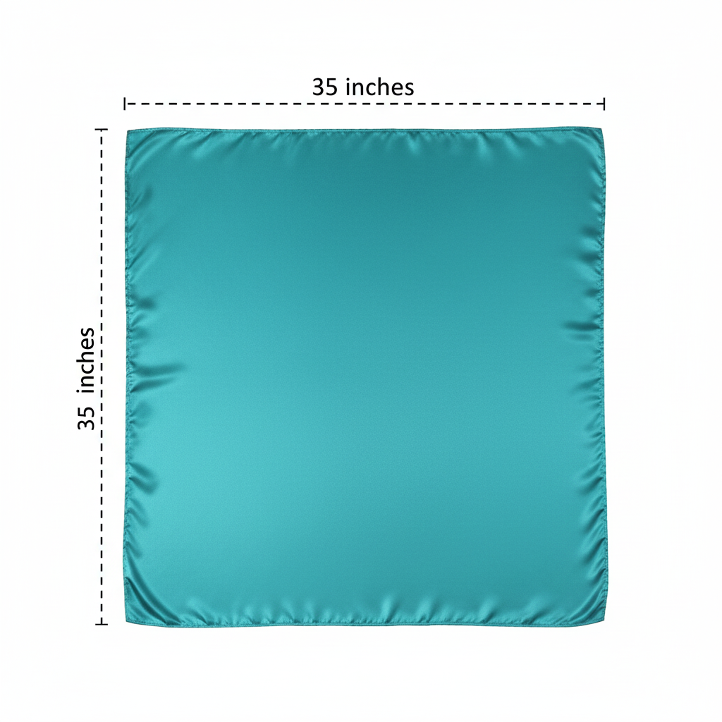 Teal blue wild rag scarf dimensions 35 inches by 35 inches measurement diagram