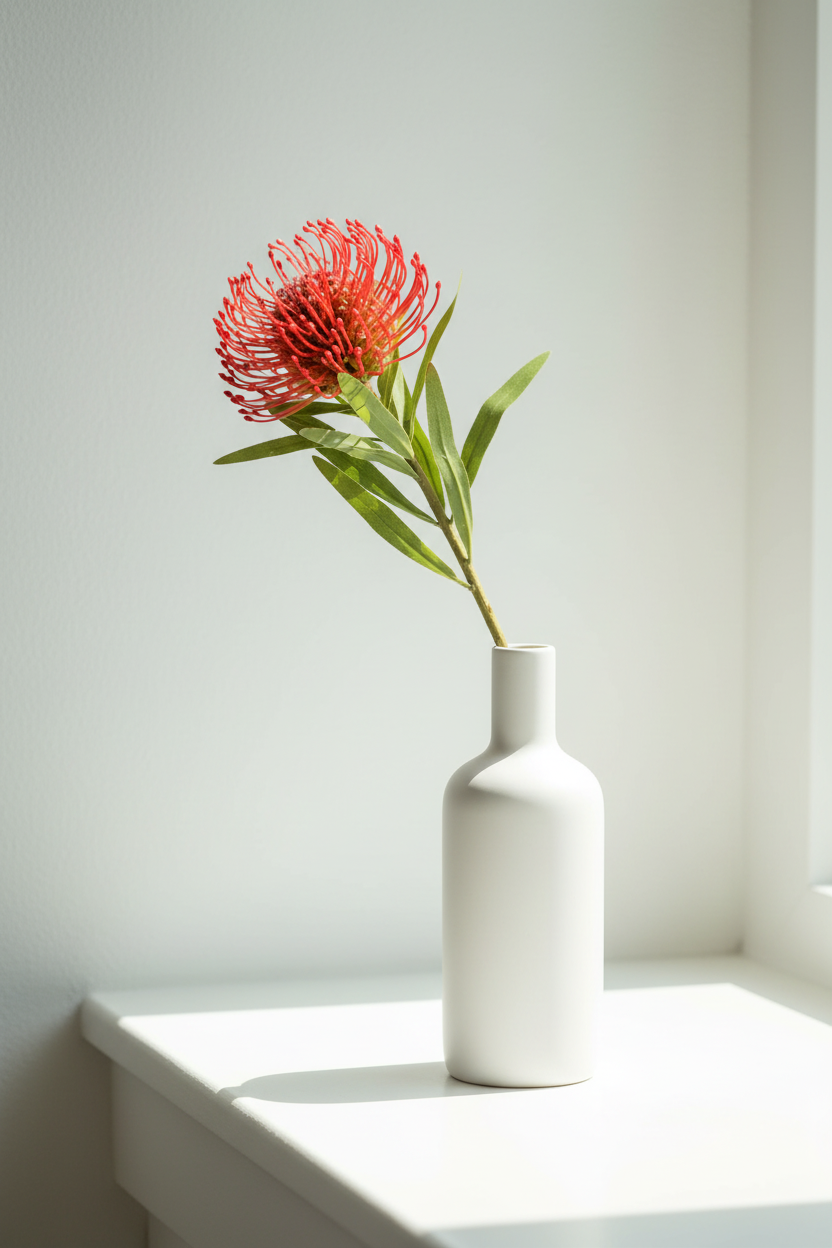 Single red pincushion protea in modern white vase on bright windowsill, minimalist contemporary styling