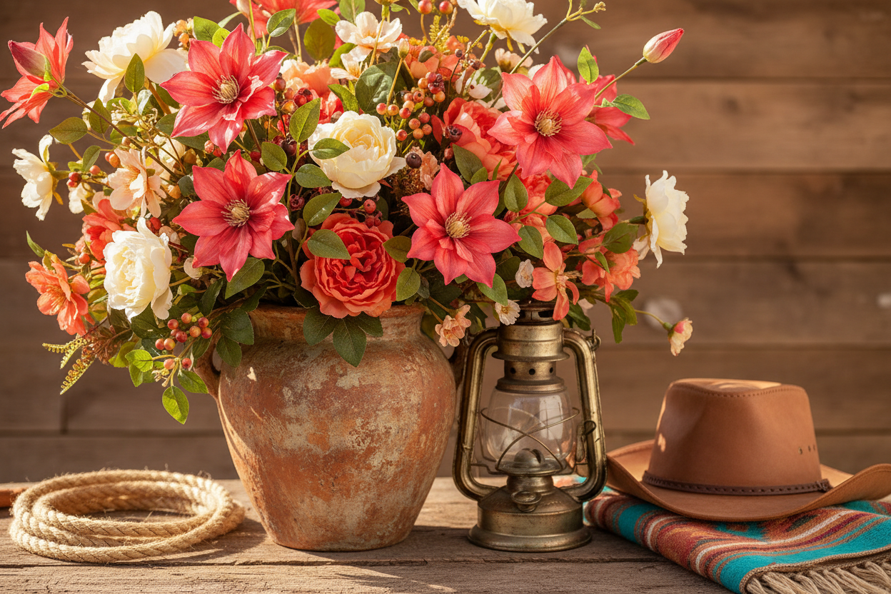 Coral red clematis faux flower stems arranged in a rustic terracotta vase with western wildflower styling, weathered wood surface, rope coil and vintage lantern accents
