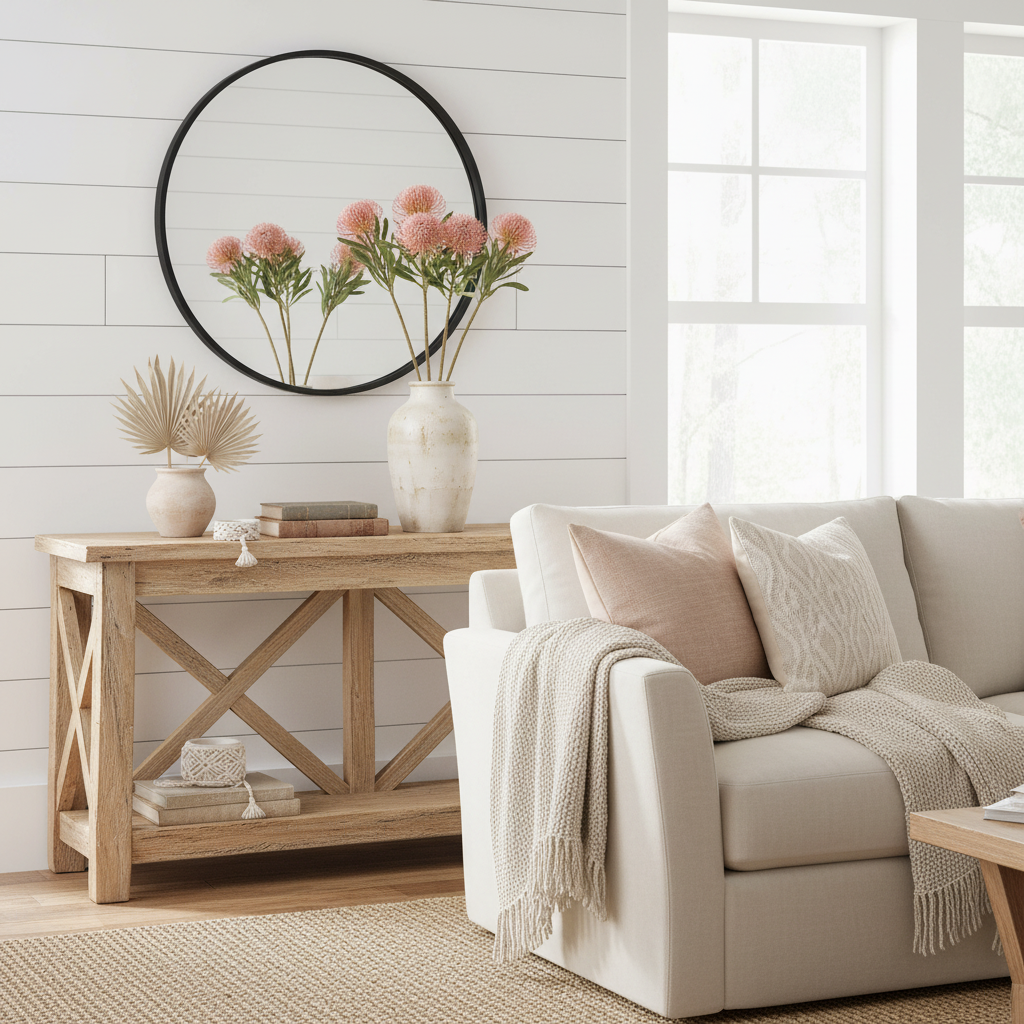 Pink blush pincushion protea stems in tall ceramic vase on wooden console table in modern farmhouse living room with boho decor