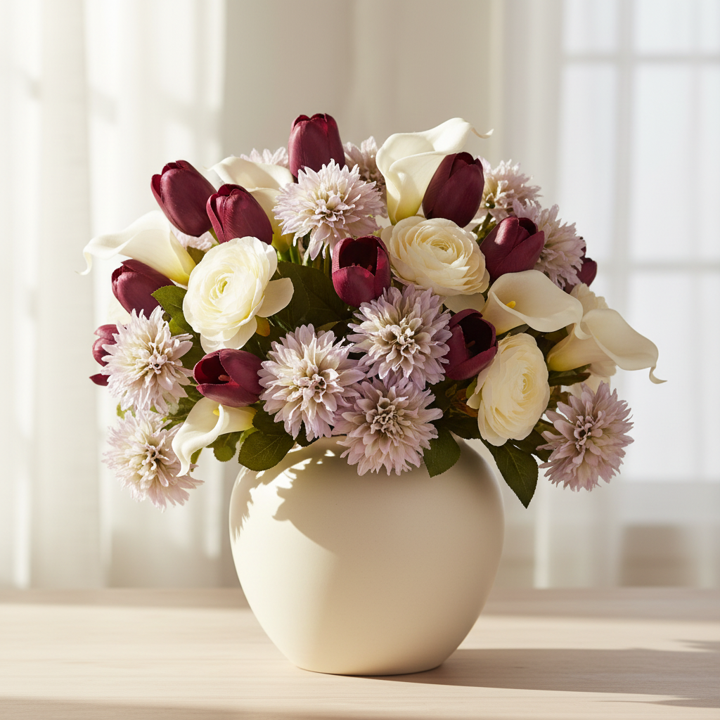 Faux blush lavender dahlia stems with wispy petals tucked into a lush arrangement with deep burgundy faux tulips and white calla lilies in a cream ceramic vase