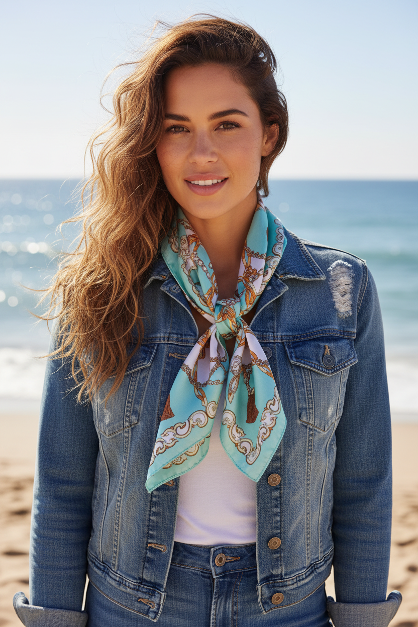 Woman with tanned skin long wavy brown hair wearing seafoam blue equestrian satin square scarf as wild rag coastal cowgirl denim jacket beach background 20x20