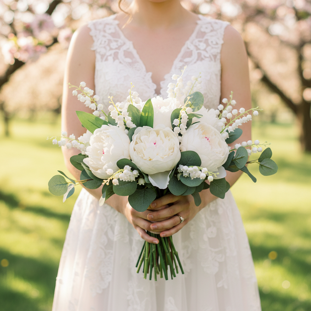 Artificial lily of the valley flowers in romantic bridal hand bouquet with white peonies and eucalyptus