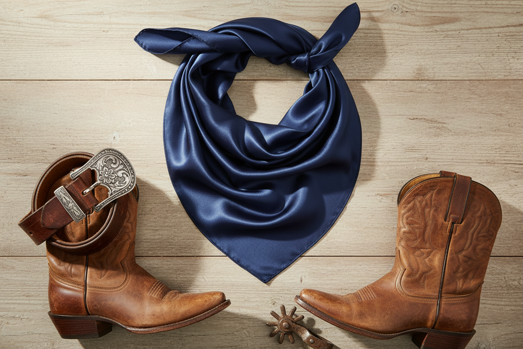 Navy blue wild rag flat lay with leather belt, silver buckle, and brown leather boots on barn wood