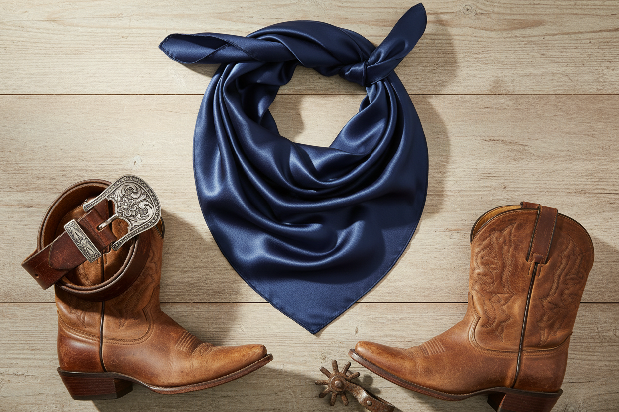 Navy blue wild rag flat lay with leather belt, silver buckle, and brown leather boots on barn wood