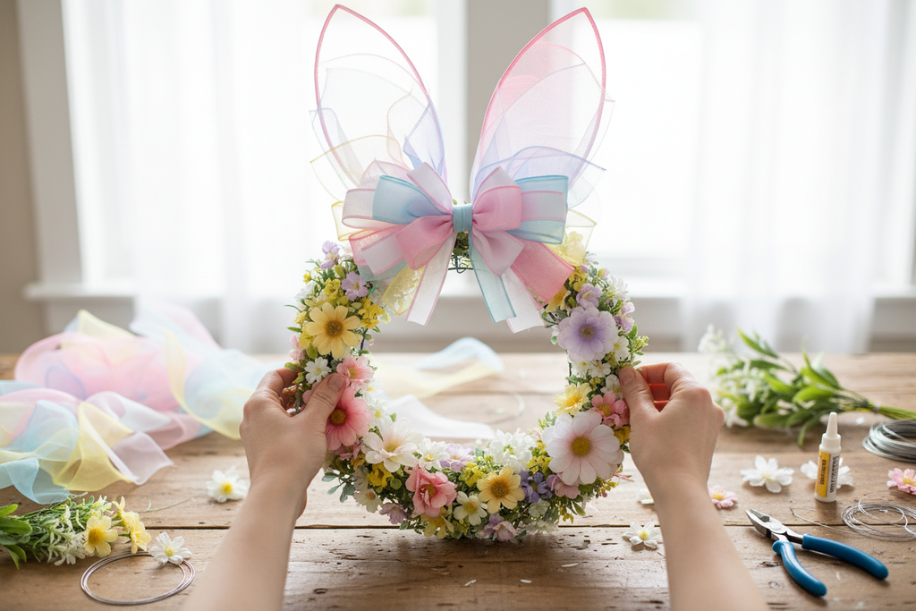 Close-up of hands securing decorative bow at base of bunny ears on wire wreath frame, spring craft project